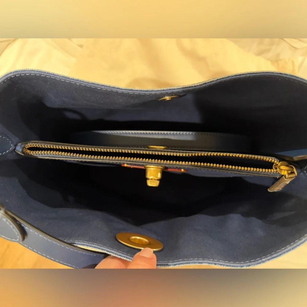 Coach Denim Bucket Bag with Navy Leather Trim and Gold Hardware - NEW